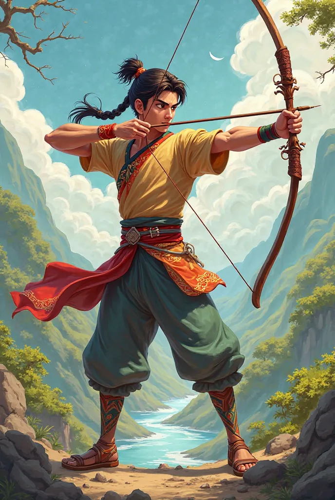 young male archer，roar， Chinese style，cartoon，