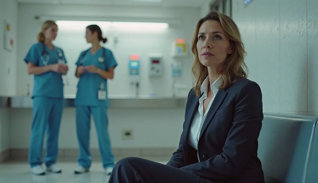 The scene is in a hospital, the emergency room. A woman in a business suit is sitting on a bench. The woman has an expression on her face as if she is in shock from what she has heard, In the background you can see two nurses discussing something among the...