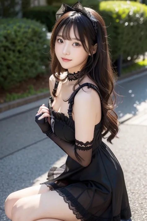  posing for a Japanese model wearing a black sheer dress and boots、semi-long black hair、lace maid dress ,   black lace gloves ,  black and fluffy clothes, maid clothes,  beautiful black dress  ,  MAID DRESS,   elegant and charming cosplay  ,  wearing a dre...