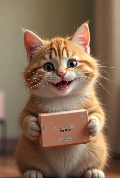 This image is taken from the YouTube Shorts section, which features a cat processed in 3D. The cat is smiling and holding a box reading" MyPhone15 Pro Max". The content author is @MeowMotion950, which prepares content created primarily using cat-related an...