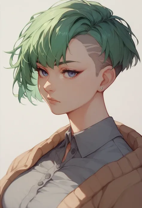 green-haired woman、 Semi-Shortcut Hair 、 expressionless、Dark brown cardigan 、Grey Shirt、standing、profile