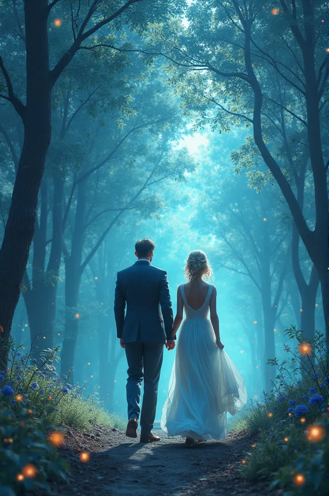 Gentleman and a lady in a blue forest