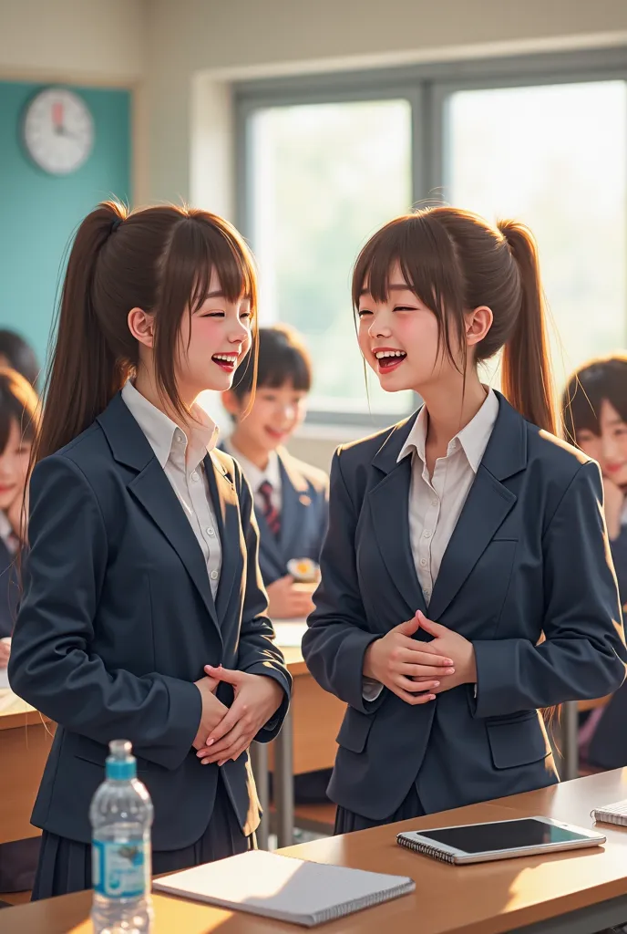 In a lively classroom during lunch break, two young Japanese women are exchanging jokes and bursting into laughter. One has long hair, while the other has a ponytail. Both are wearing navy blue blazers and white shirts. They are holding their stomachs, lau...