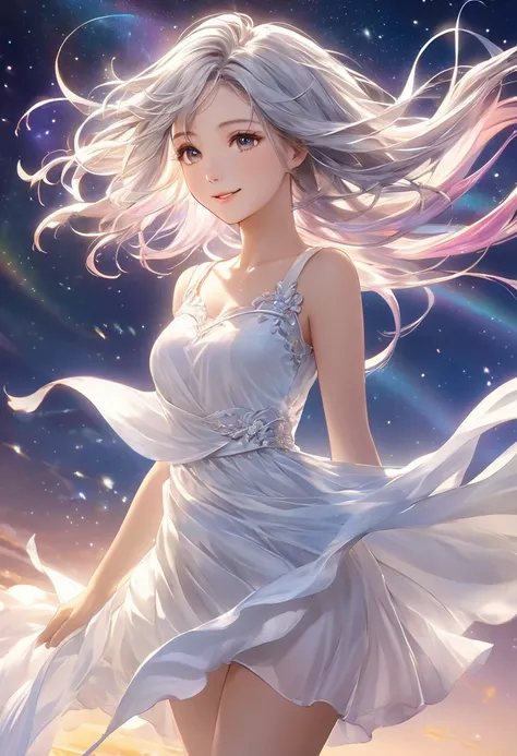 
         （Perfectly Correct Anatomy）「masterpiece、Best Quality、 Amazing Quality 」  Walking in the wind Fantastic A charming beautiful girl on the side head slightly tilted（close up）Silver white waves Gradient hair Gradient hair wind flowing up Soft smile S...