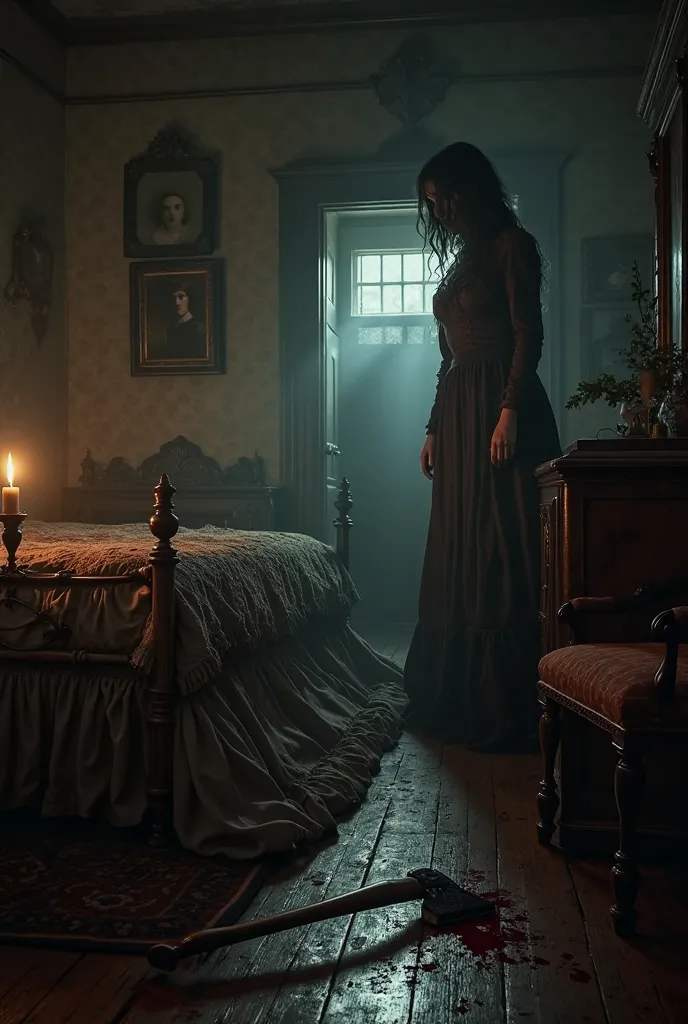 A dark, eerie Victorian-era bedroom with dim candlelight flickering. A bloodstained axe lies ominously on the wooden floor near an ornate bed. A shadowy female figure, dressed in a late 19th-century gown, stands near the doorway, her face partially obscure...