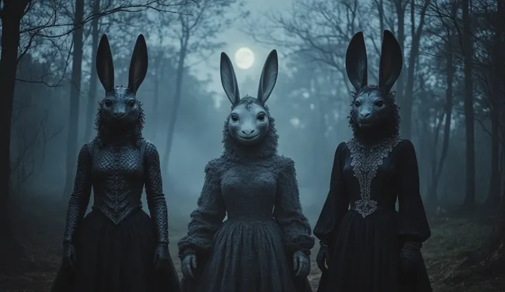 Three guardian monsters with rabbit ears are lined up in a clearing of thick fog, each with a unique appearance. The first one has black scales that shine like metal under the moon, and their rabbit ears are long and pointed. The second is covered in float...