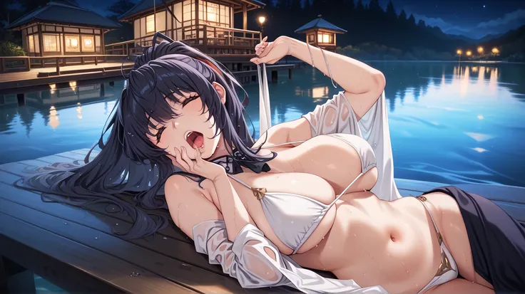 Akeno Himejima, UHD, black hair, long hair, big breasts, wearing a white floss bikini & negro,  at night, Lying on a pier in a lake, pose sexy,  Totally wet, Yawning , With a hand in his mouth,