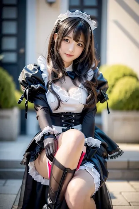  posing for a Japanese model wearing a black sheer dress and boots、semi-long black hair、lace maid dress ,   black lace gloves ,  black and fluffy clothes, maid clothes,  beautiful black dress  ,  MAID DRESS,   elegant and charming cosplay  ,  wearing a dre...