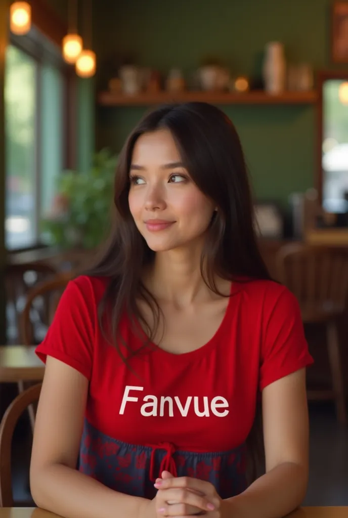 Woman sitting in a coffee. Hat ein rotes Tshirt an. The shirt says Fanvue