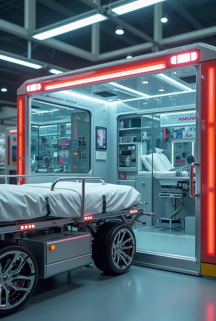 An ambulance that contains: A digital panel showing what materials are missing in the ambulance and those that need to be cleaned, a sprinkler on the roof to disinfect the ambulance, a stretcher with remote control, a robot that drives the ambulance and an...