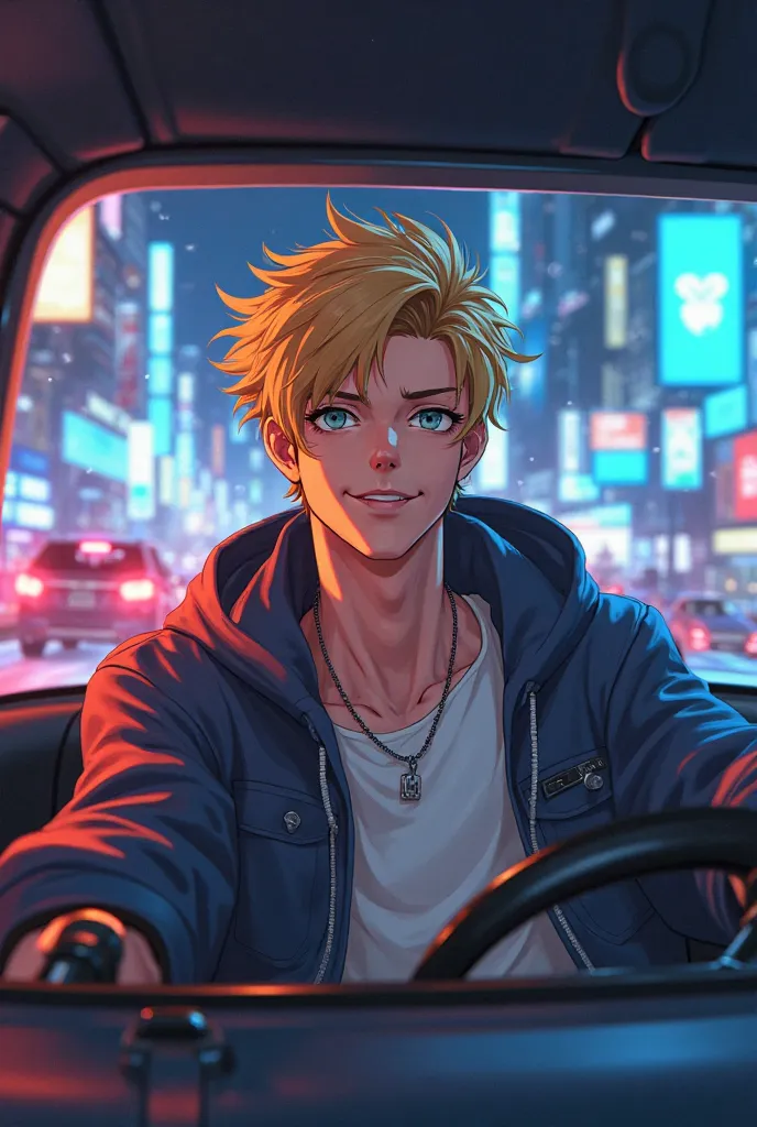 Create a male character young Uber anime driver Pretin with blond hair 