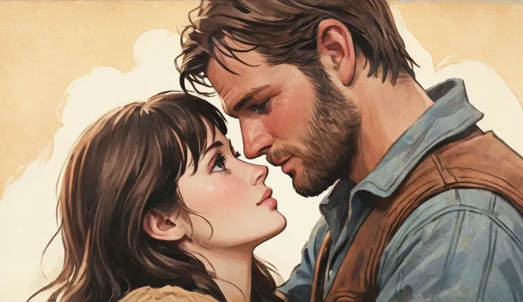 Romantic style vintage illustration. Arthur Morgan gently holding the face of a brunette woman. She hugs him and looks at him in love.  Warm and soft colors , In a nostalgic and passionate mood.