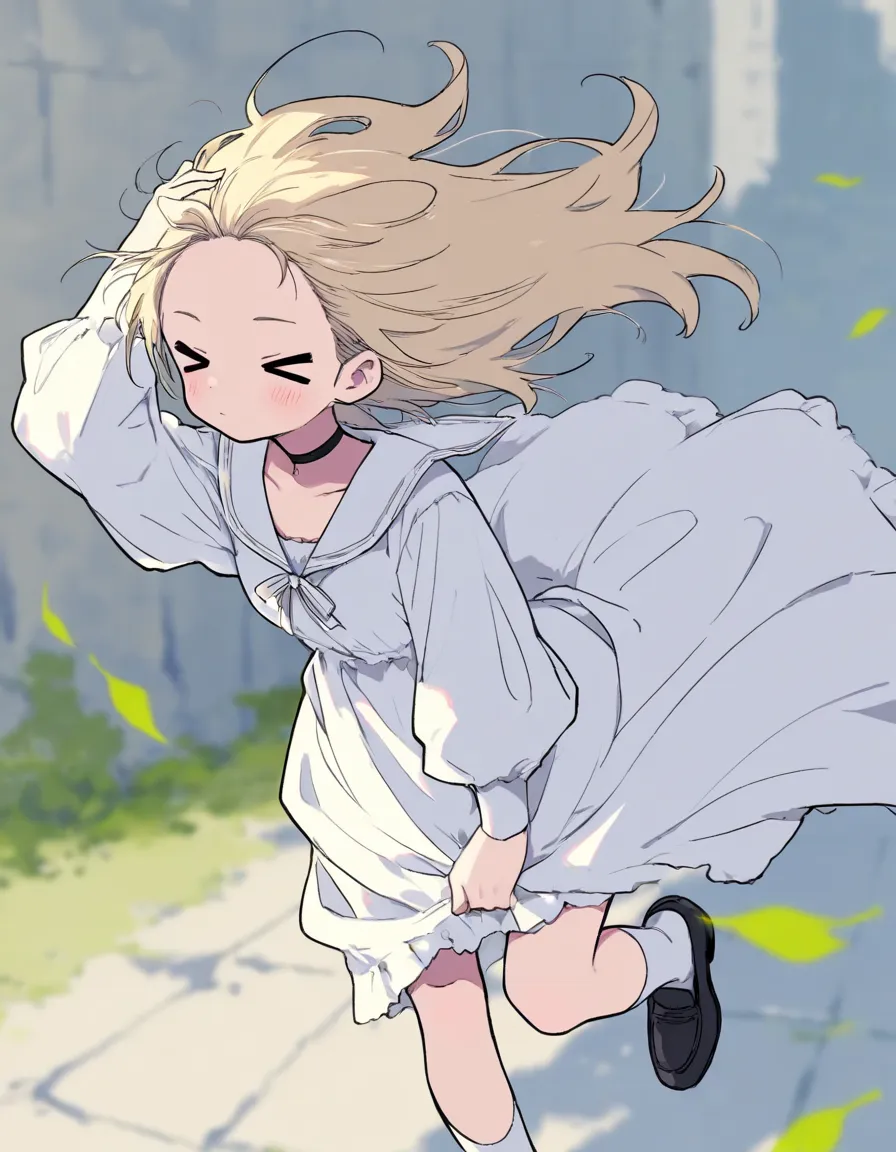 1girl, solo, > <, medium blonde hair, blush, frilled white dress, puffy sleeves, black mini shoulder back diagonally across shoulder, choker, white socks, black loafers, standing on one leg, leaning forward in the wind, headwind, spiky hair, arm up on head...