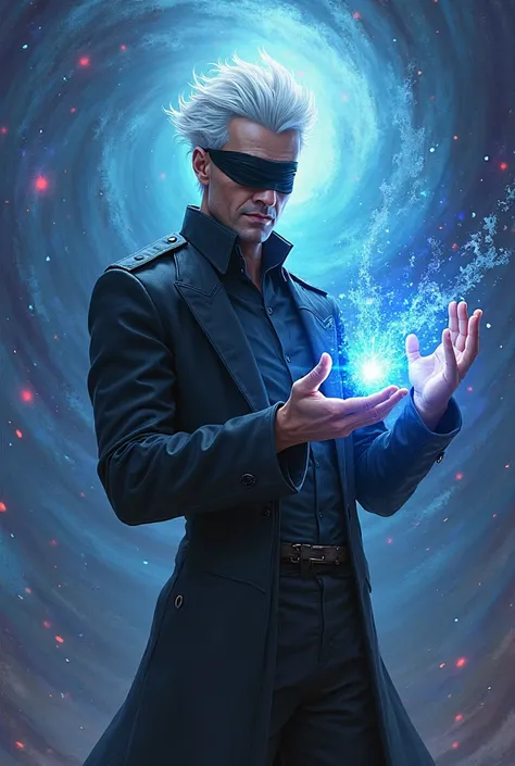 "A highly detailed, ultra-realistic digital painting of a tall and powerful sorcerer with spiky white hair and a blindfold covering his eyes. His smirk exudes confidence, and his presence radiates an overwhelming aura of energy. He wears a sleek, high-coll...