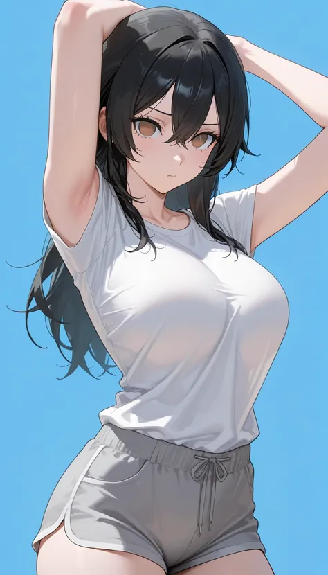 masterpiece, extremely detailed,perfect skin texture,4k,solo,1girl ,((full body)),hanabi hyuuga,kawaii,expressive, long hair, black hair, hair between eyes, white eyes, no pupils,, kawaii,sexy legs,perfect body,large breasts,bangs,brown eyes,white t-shirt,...