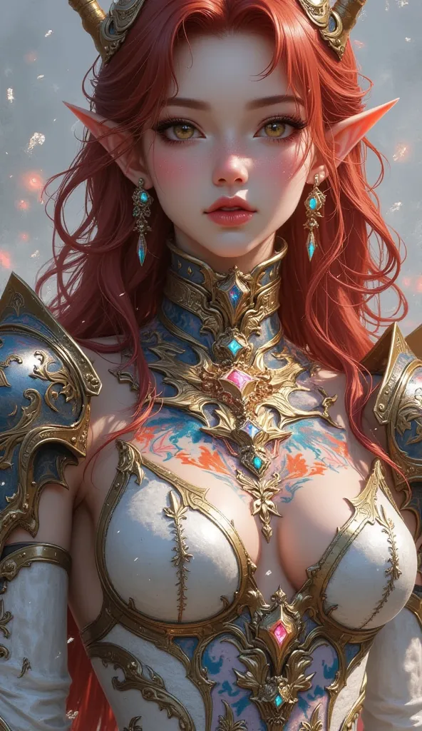 (A woman in her 20s with elf ears, realistic on the hand, Perfect Anatomy),  devil, transparent skin on the front, Burgundy hair ,(gorgeous colorful tattoo), Armor with colorful patterns,  Tight Armor , Position where both hands are not visible, Nice spher...