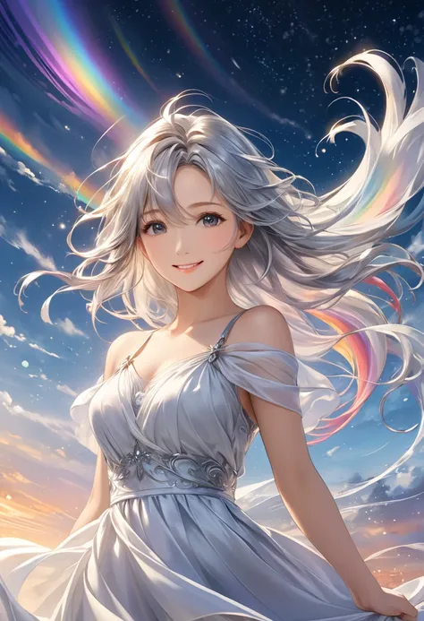 
         （Perfectly Correct Anatomy）「masterpiece、Best Quality、 Amazing Quality 」  Walking in the wind Fantastic A charming beautiful girl on the side head slightly tilted（close up）Silver white waves Gradient hair Gradient hair wind flowing up Soft smile S...