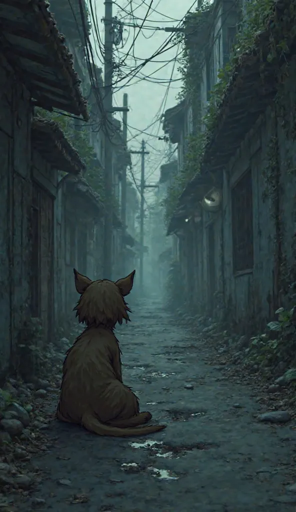 Prompt:
A melancholic scene—Gori sits alone at the spot where Kalu was last seen. Her ears droop, and her eyes reflect deep sadness. The alley is the same, but without Kalu, it feels empty and lifeless.