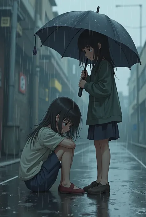 In anime model.  In a rainy day a girl sitting in the ground holding her knees and bowing down her face crying and wet while another girl standing infront her holding an umbrella and covering her