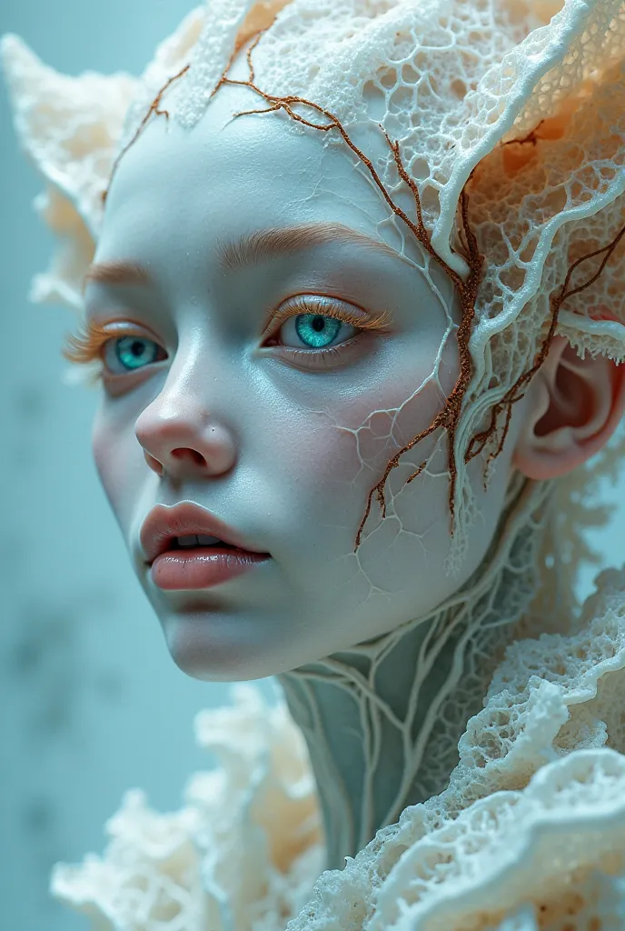 A highly detailed, ethereal portrait of a futuristic humanoid figure with porcelain-like skin and intricate organic textures. The figure’s face has a smooth, almost glassy surface with delicate cracks running across it, resembling a fusion of human and cry...