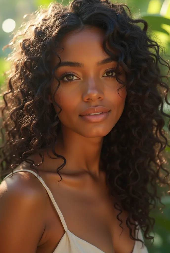 Create a woman with brown skin 19 years old,  Dark eyes, Very long curly hair, feminine, standard body,  Brazilian, smiling 