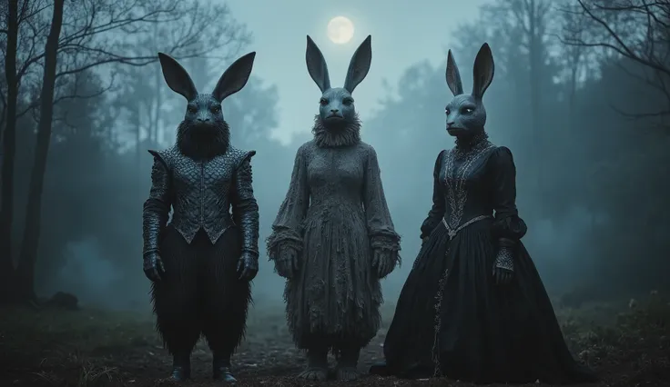 Three guardian monsters with rabbit ears are lined up in a clearing of thick fog, each with a unique appearance. The first one has black scales that shine like metal under the moon, and their rabbit ears are long and pointed. The second is covered in float...