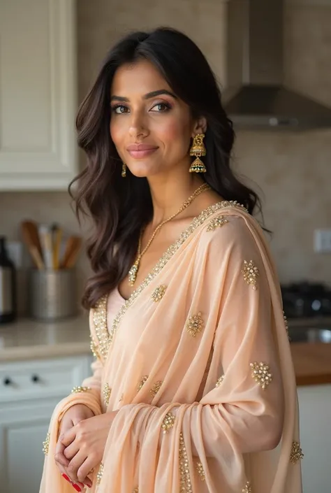 "A graceful Indian housewife dressed in an elegant salwar kameez with minimal embroidery, accessorized with delicate earrings and a thin gold chain. Her hair is styled in soft waves, and her makeup is subtle with natural tones. She is standing in a modern ...