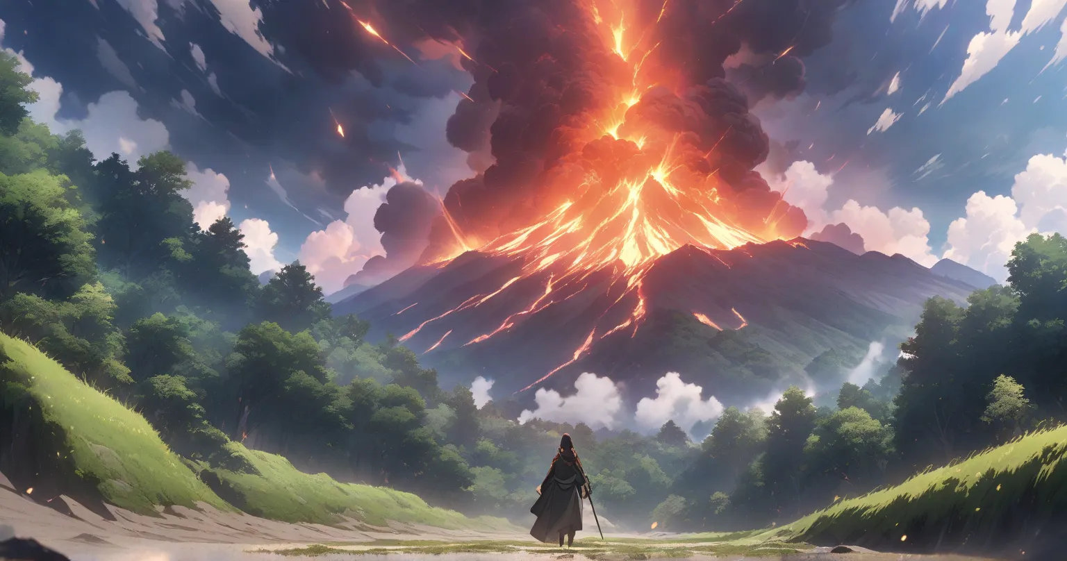 volcano　forest　Earth　 no people　Anime anime keyvisual, no humans, wide shot,