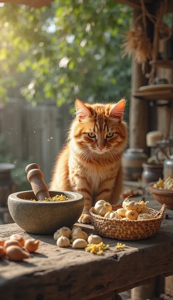 The  A fluffy orange tabby cat stands beside a wooden table in an outdoor village kitchen firmly presses down on a small stone mortar, crushing garlic cloves and ginger with a wooden pestle. The aromatic mixture begins to release its essence, wafting throu...