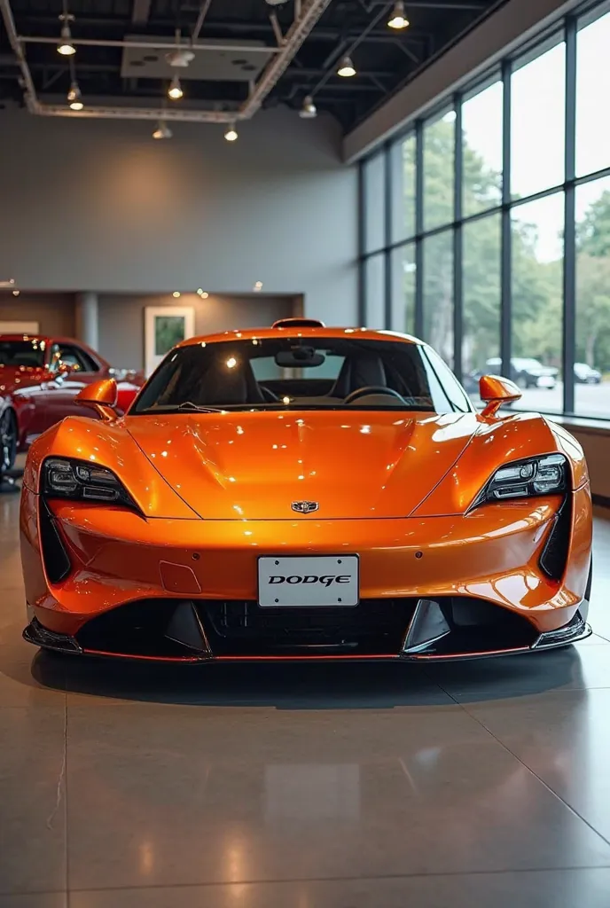 "A realistic, high-quality image of a modern sports car seen from the front side view, resembling a 1954 dodge Ram vintage Pickup restmod . The car is Orange with glossy paint and a sleek, aerodynamic design. It has four large, round exhaust pipes and a wi...