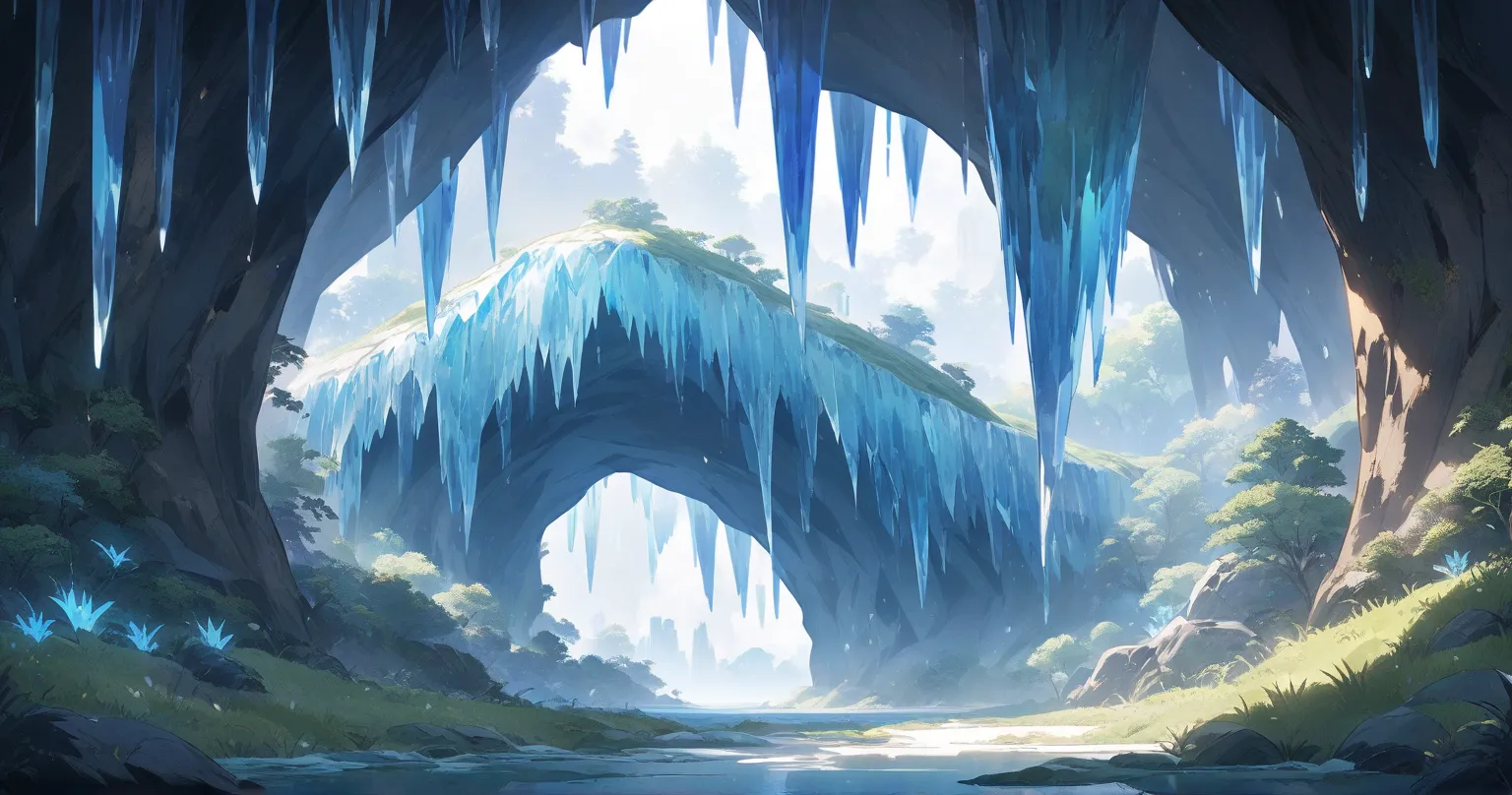 ice　forest　cave　Earth　 no people　Anime anime keyvisual, no humans, wide shot,