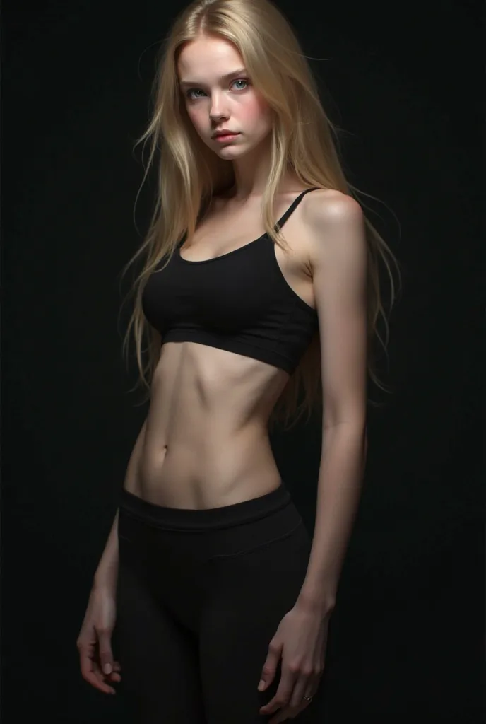 a young girl with blonde hair and super skinny body and wearing black leggings and black bra