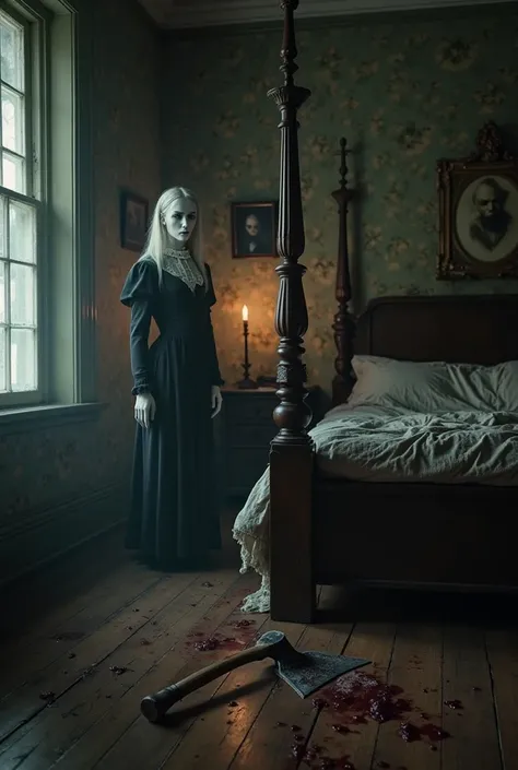 *A dimly lit, eerie Victorian-era bedroom with candlelight casting flickering shadows on the antique wallpaper. A bloodstained axe, still glistening, lies ominously on the polished wooden floor near an elegant yet disheveled four-poster bed. The air feels ...