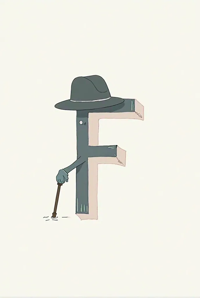 Draw a straight letter f. in a hollow way. Add a hat to the head and make a cane on the arm of the letter 2. does not need to hold anything, Don't do any extra things. does not have a cane to reach the tip of the arm with a letter size of letter {x} just d...