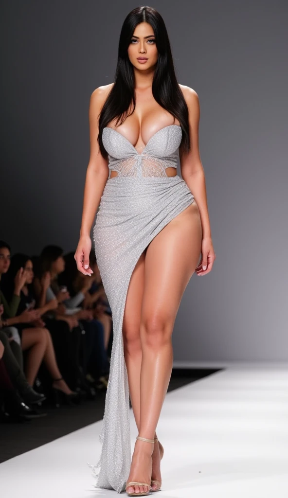 milf,milky white skin body,thick and voluptuous body, round tits,curvy hourglass body,wide ass,((SFW)),((Wearing sky glittering slitted gown at thigh exposing cleavage)),black messy long hair,(( walking on ramp on a catwalk)),body shot,highly ultra realist...