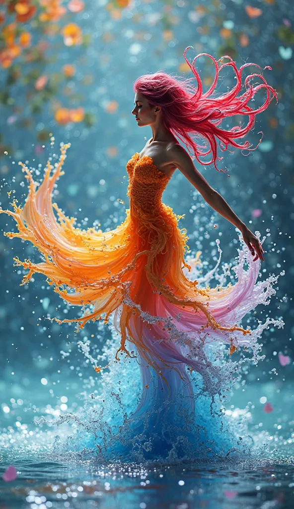 "An artistic representation of fluid motion, where vibrant liquid forms take the shape of a female figure in an elegant dance. The splashes interact dynamically, creating a breathtaking display of energy frozen in time. The background glows with a soft-foc...