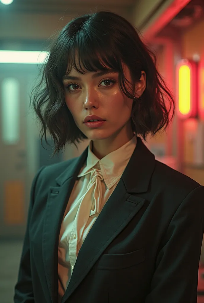 A hyper-realistic 8K portrait of a beautiful woman in a retro-futuristic style, wearing vintage clothing, cinematic lighting, Panavision 50 aesthetic, highly detailed, futuristic yet nostalgic vibe."