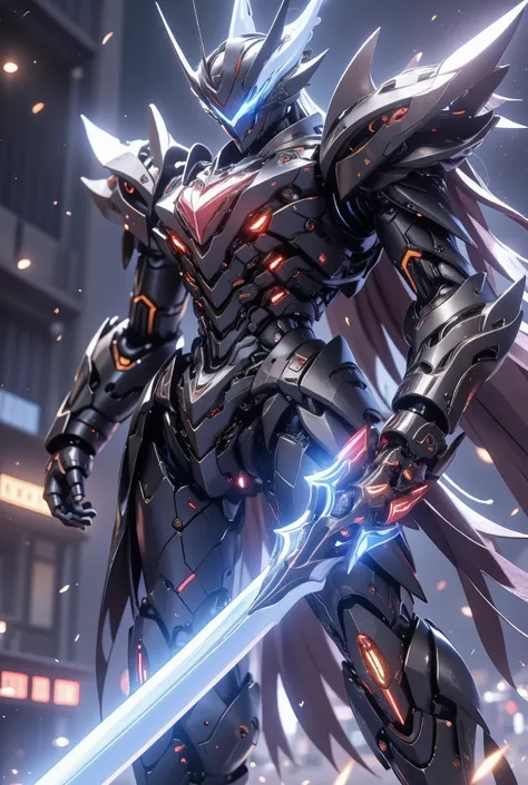 Ultra-detailed mecha "JieXian Ji MaoSun", Accumulated Slash Stance, Matte Black Mecha Blood Red Energy Pattern Pulse+Joint White Warning Light, The eye sensor dissolves into a blood pupil,Hold the Blue Energy Blade in your hand, Black dynamic damage transl...