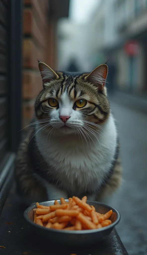 A kind stranger places food in front of Gori,cat but she doesn’t eat. Instead, she looks away, her eyes filled with tears. The surroundings are blurred, making her loneliness the focal point of the image. The atmosphere is filled with deep sorrow and longi...