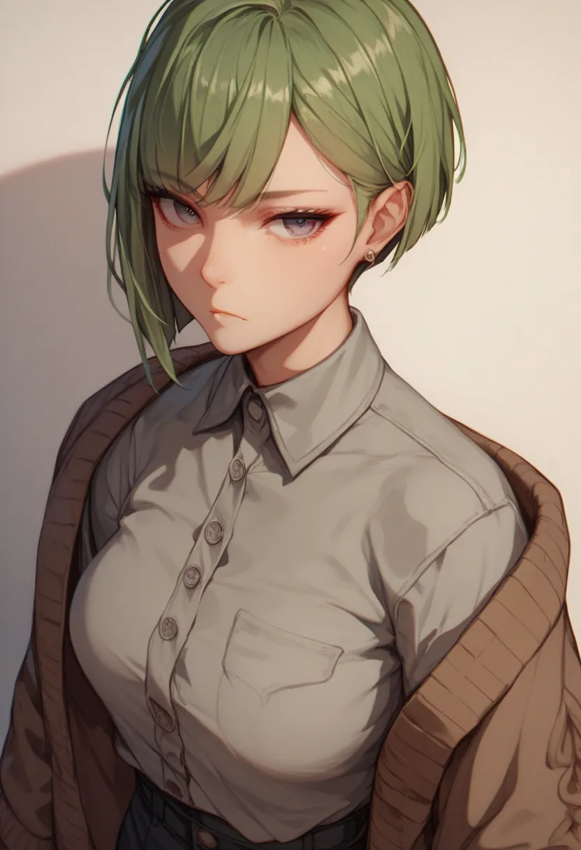 green-haired woman、shortcut hair、Parallel bangs、 expressionless、Dark brown cardigan 、Grey Shirt、standing、profile