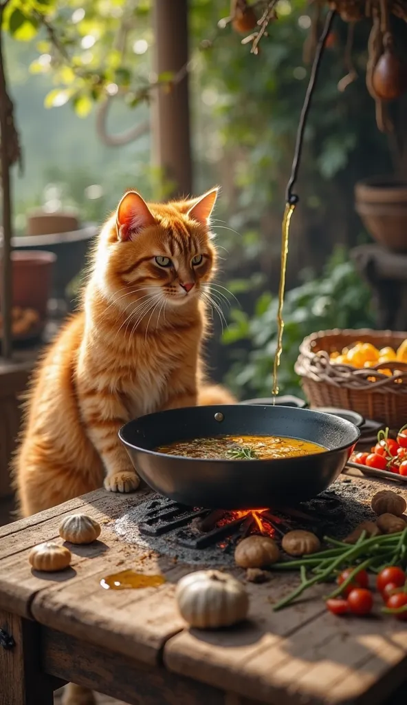 The A fluffy orange tabby cat stands beside a wooden table in an outdoor village kitchen stands beside a traditional clay stove, carefully pouring golden cooking oil into a black frying pan. The oil glistens as it spreads. The flames from the stove flicker...