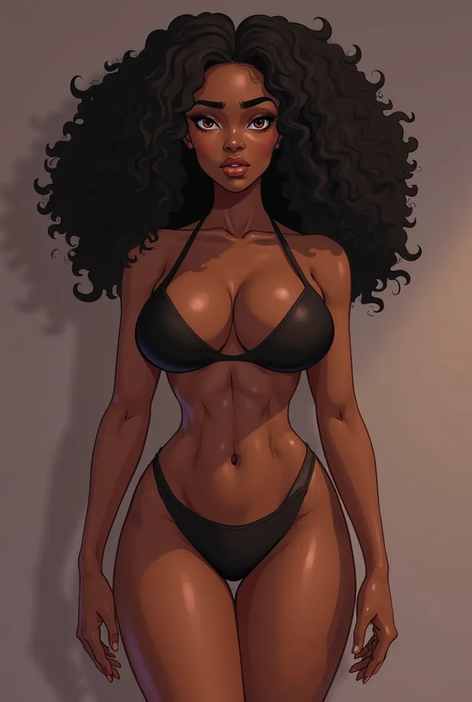 A stunning Black African woman in 2D anime art style stands confidently, facing the viewer with a sultry gaze. Her massive, perfectly shaped breasts are prominently displayed, with deep, inviting cleavage that draws attention instantly. Her voluptuous ches...