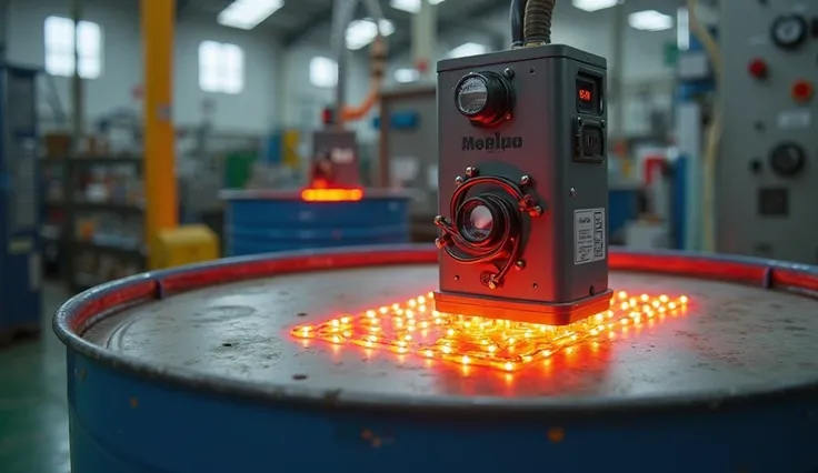 Close-up of an electric drum heater on a metal drum, displaying the thermostat controls and the heating process in progress, with the environment showcasing a high-tech manufacturing plant. The image should focus on the details of the heating element and t...