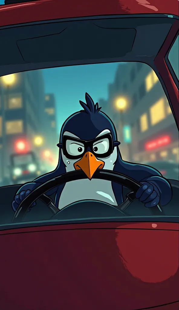 A tense, suspenseful cartoon-style scene set inside Roberto the penguin's red taxi. Roberto, gripping the steering wheel tightly with his flippers, is staring intensely at the road ahead. His eyes are wide, his beak slightly parted in focus, as he follows ...