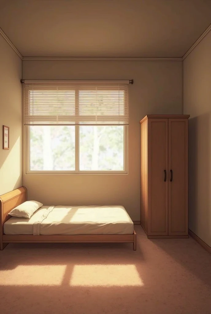 A minimalist room of 8 square meters, blinds, window, carpet on the floor, brown colors should be preferred, the wardrobe should be behind the bed