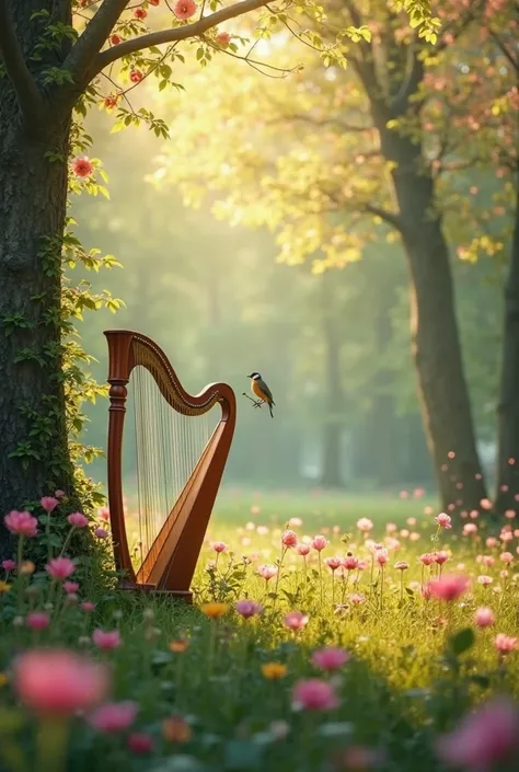 generates an image of a spring forest with the following characteristics: Little birds ,  flowers .
A harp placed in the center of the image, turned to the left.
The light source comes from the left of the image