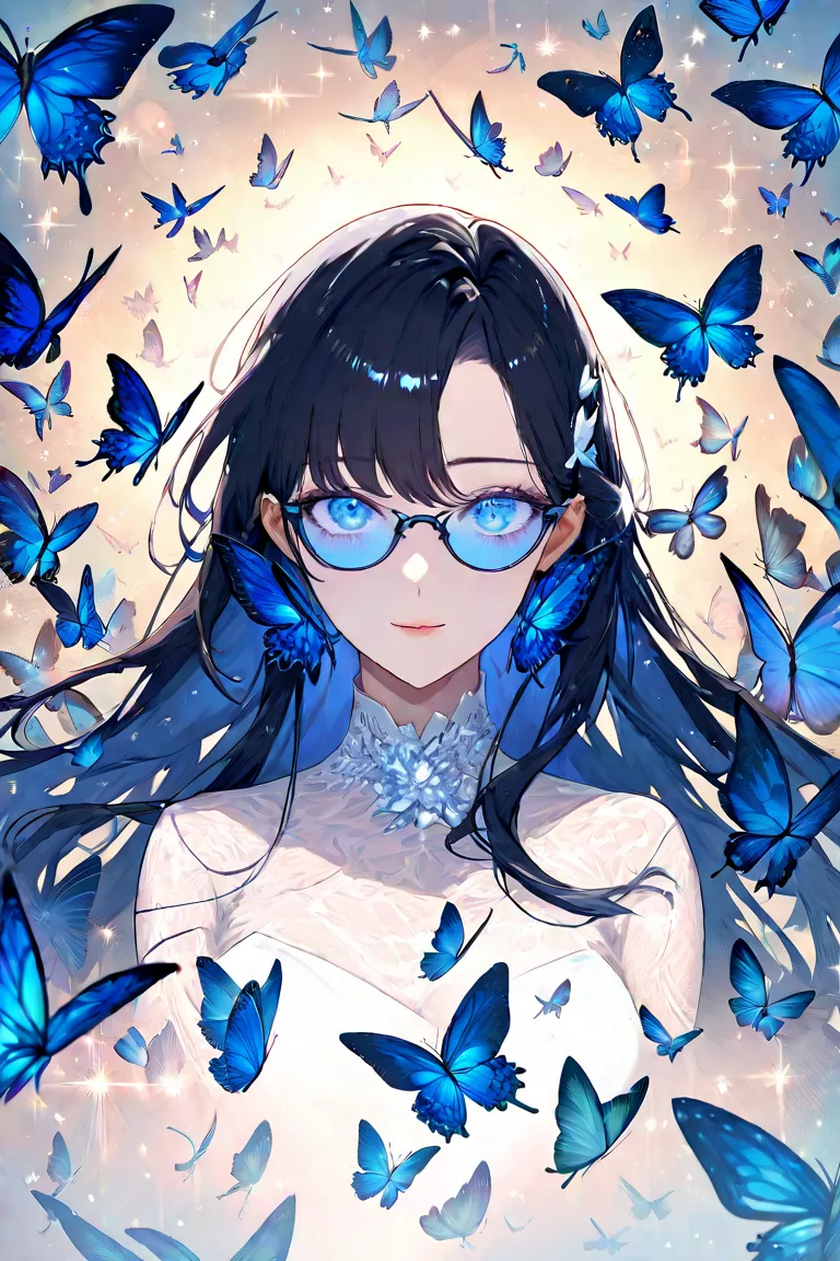 masterpiece,Highest quality,Super Detail,8k,long black hair　blue sparkling eyes　Blue Deep Glasses　 Lots of Butterflies 