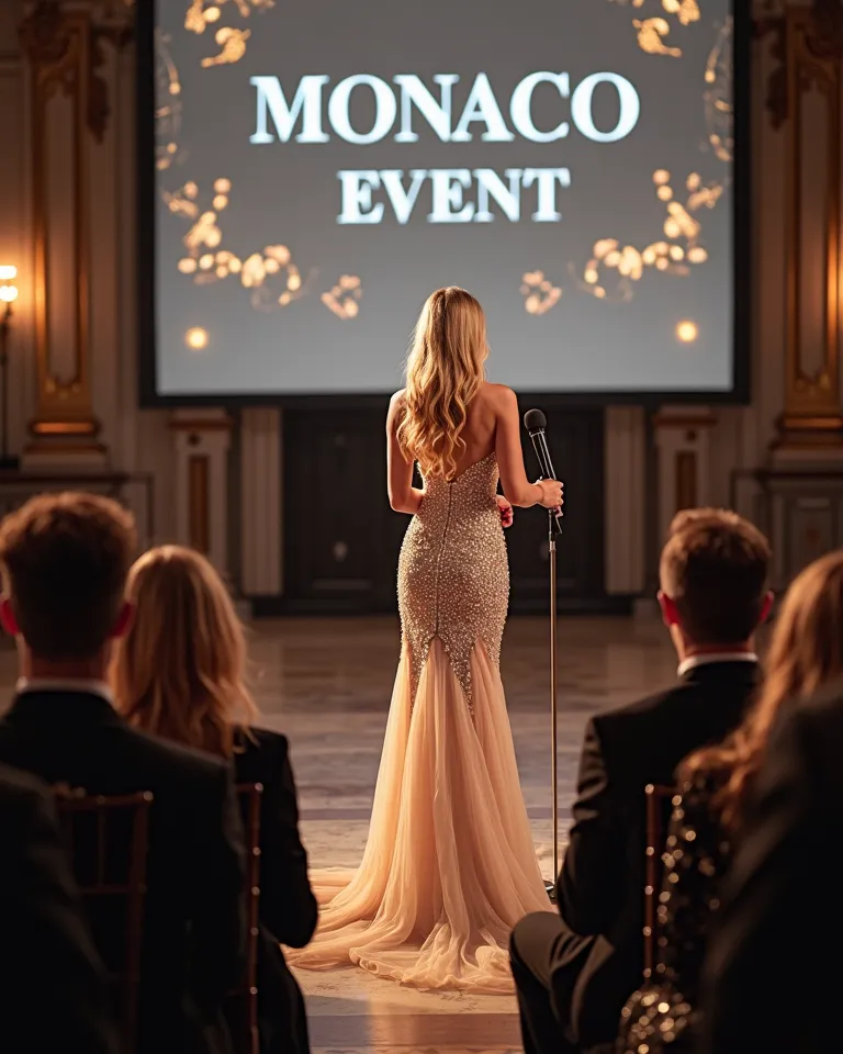 An elegant blonde woman stands confidently on stage, microphone in hand, addressing the audience with grace and assurance. She is the sole focus of attention on stage, delivering a captivating speech at a prestigious event.

First Plan (Foreground - Audien...