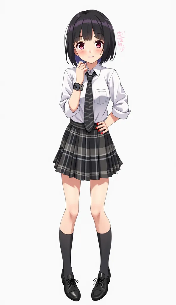 Japanese anime adolescent woman with short straight black hair and intense magenta eyes and red nails and a black watch on her left wrist and wears a white shirt with three-quarter sleeves and plaid tie in shades of black, gray and white and pleated plaid ...