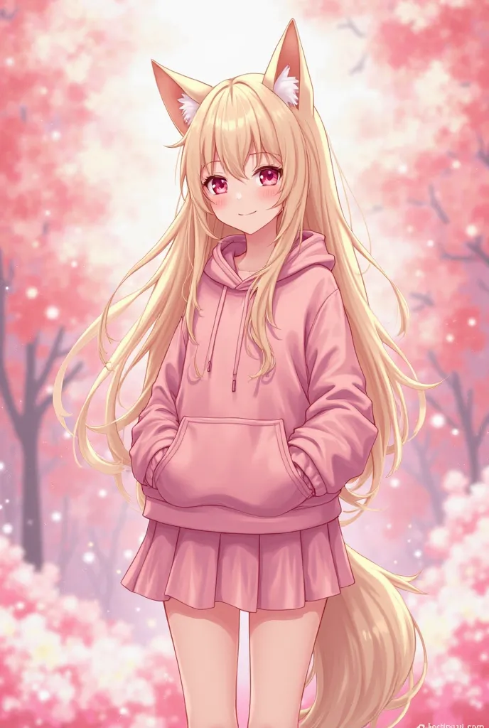 Anime cute wolf girl with light pink eyes and long blond  hair  Full look straight ahead With a little smile with pink skirt and pink Hoodie And a pink background 